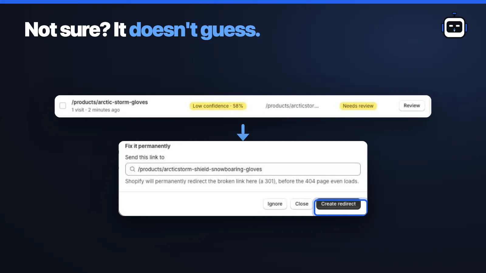 An unsure link marked Needs review, and a one-click redirect